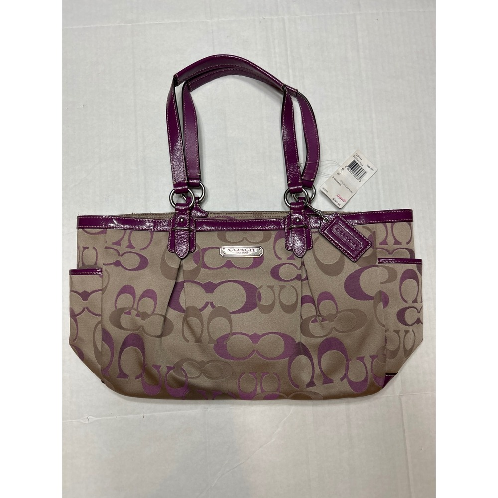 Coach Gallery Optic Signature Tote Khaki Rose Purple F20444 NEW